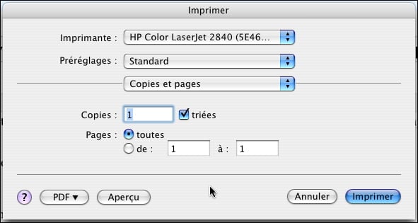 Commande Imprimer (POMME + P)